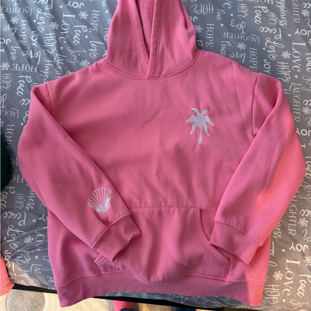 Pink palm puff Hoodie with Embroidered Design front, sleeve and back